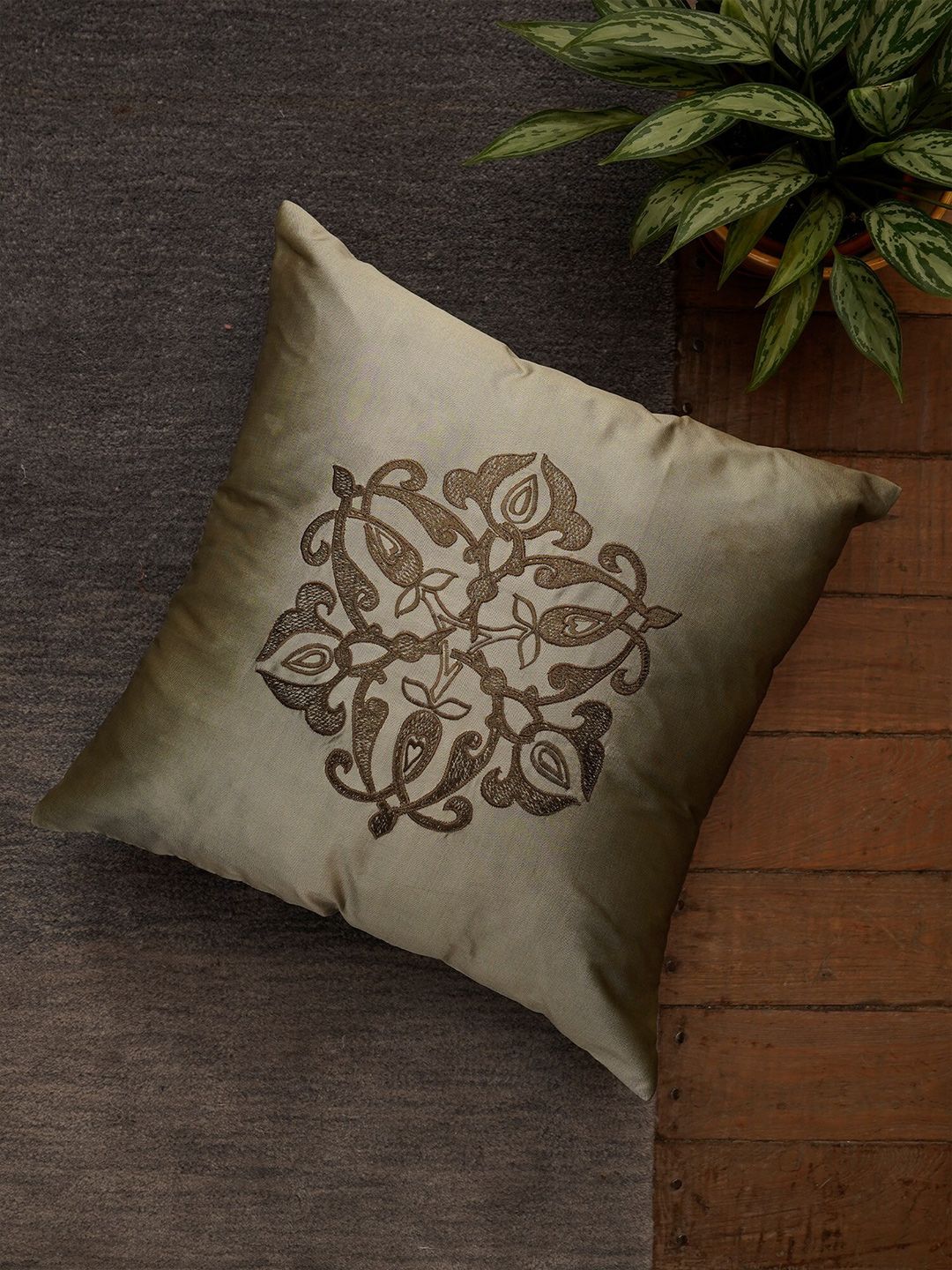 ZEBA Green Embroidered Square Cushion Cover Price in India