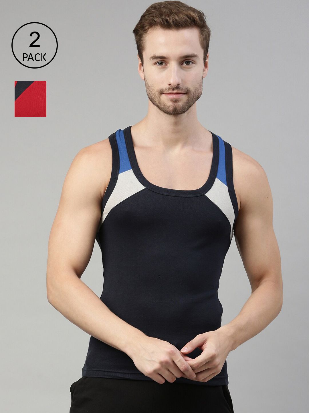 DIXCY SCOTT Men Pack of 2 Combed Cotton Racerback Color Block On Shoulder Gym Vest