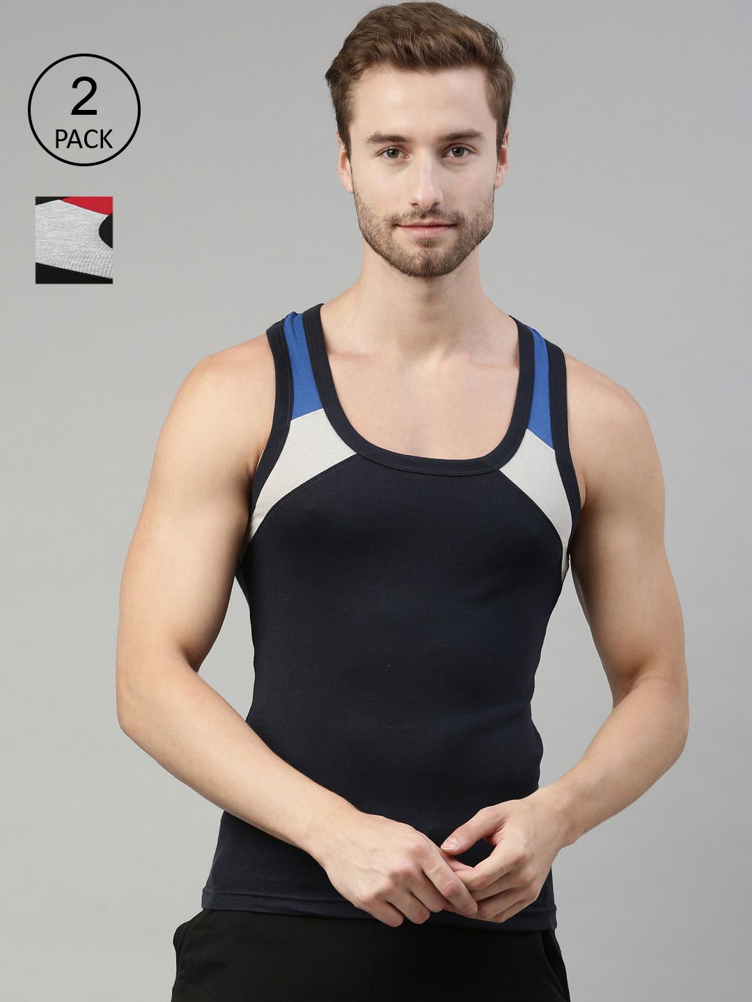 DIXCY SCOTT Men Pack of 2 Combed Cotton Racerback Color Block On Shoulder Gym Vest