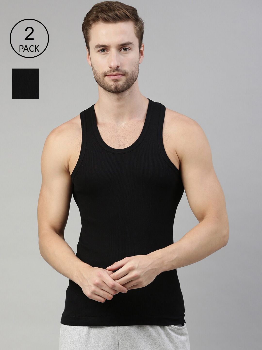 DIXCY SCOTT Men Pack Of 2 Black Solid Combed Cotton Gym Vests