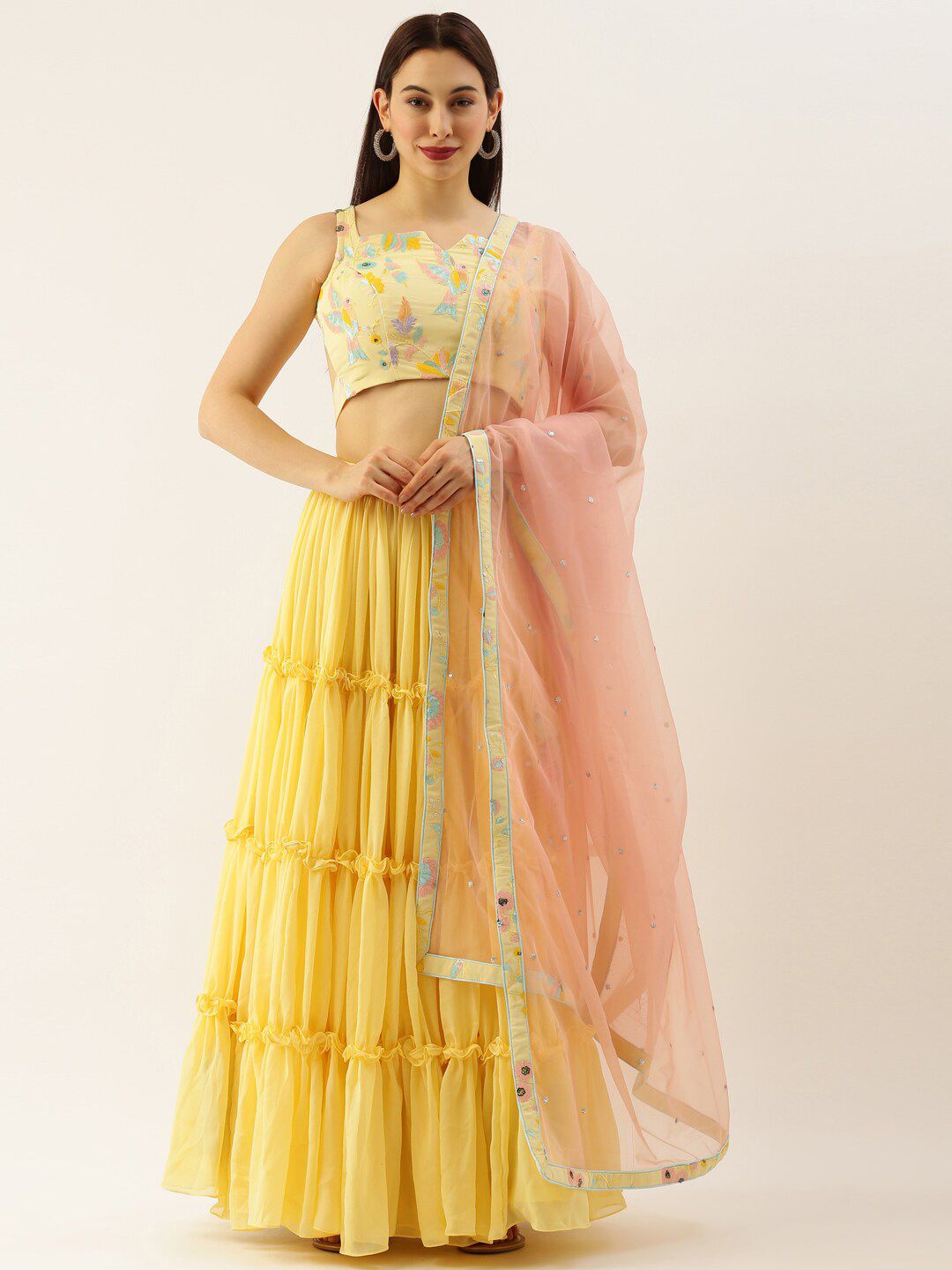 panchhi Yellow Embroidered Sequinned Semi-stitched Lehenga & Unstitched Blouse & Dupatta Price in India