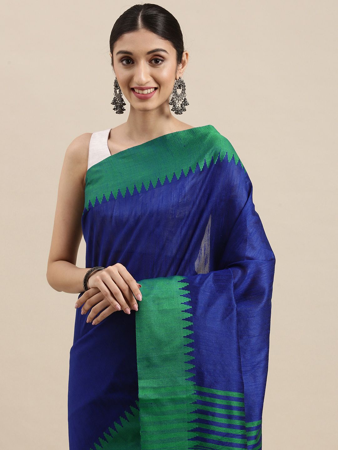 Mitera Blue & Green Solid Woven Border Saree Price in India