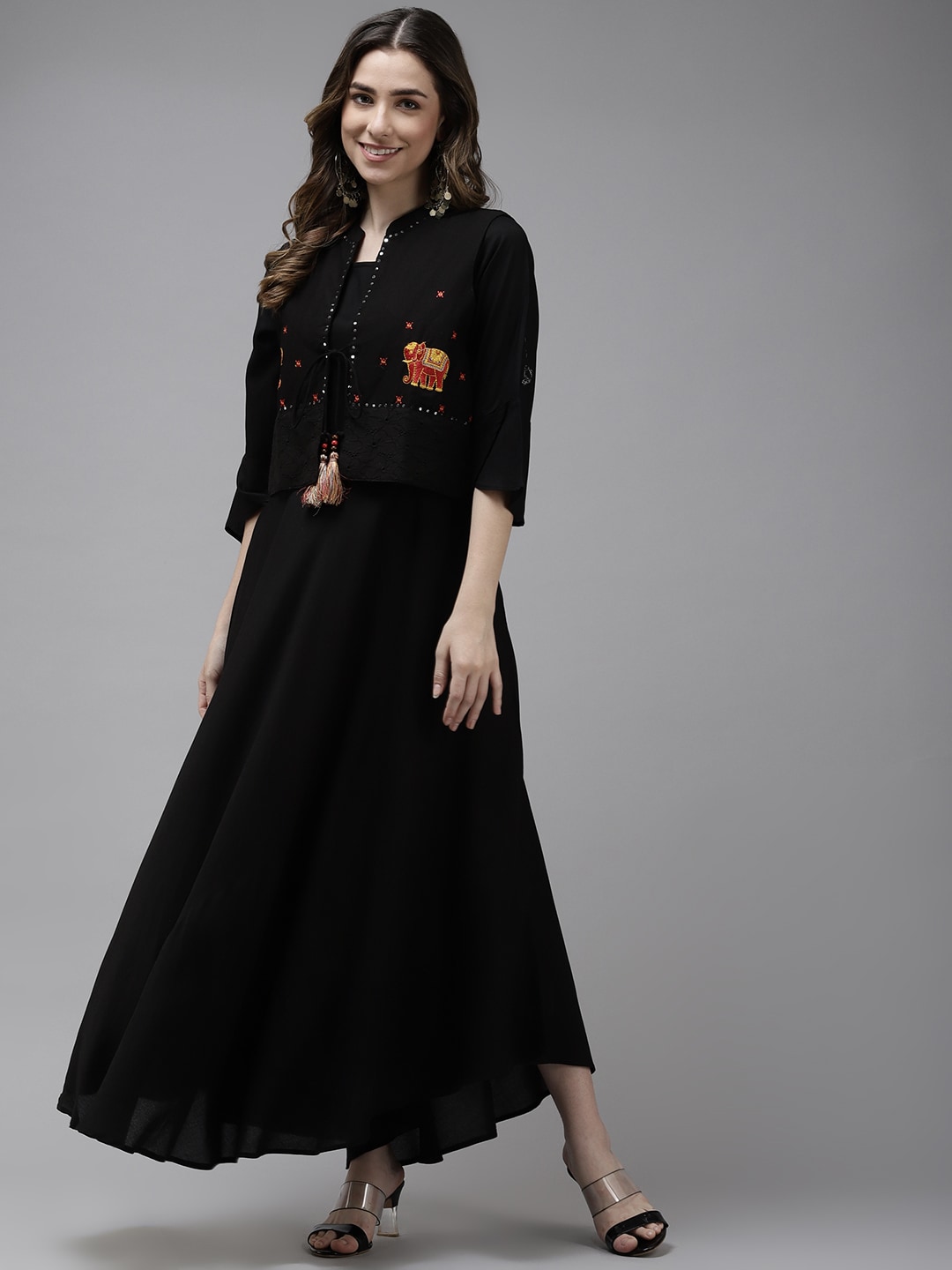 Yufta Black Solid Ethnic A-Line Midi Dress With Jacket Price in India