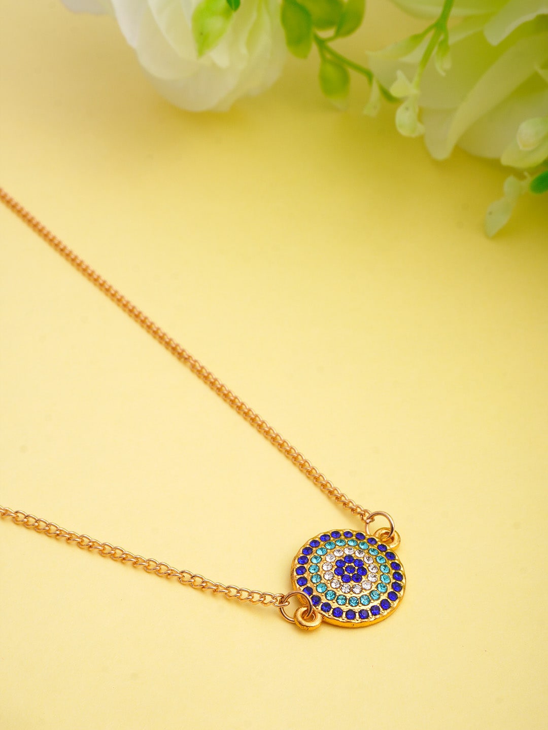 Ferosh Gold-Toned & Blue Crystal Studded Flat Evil Eye Necklace Price in India