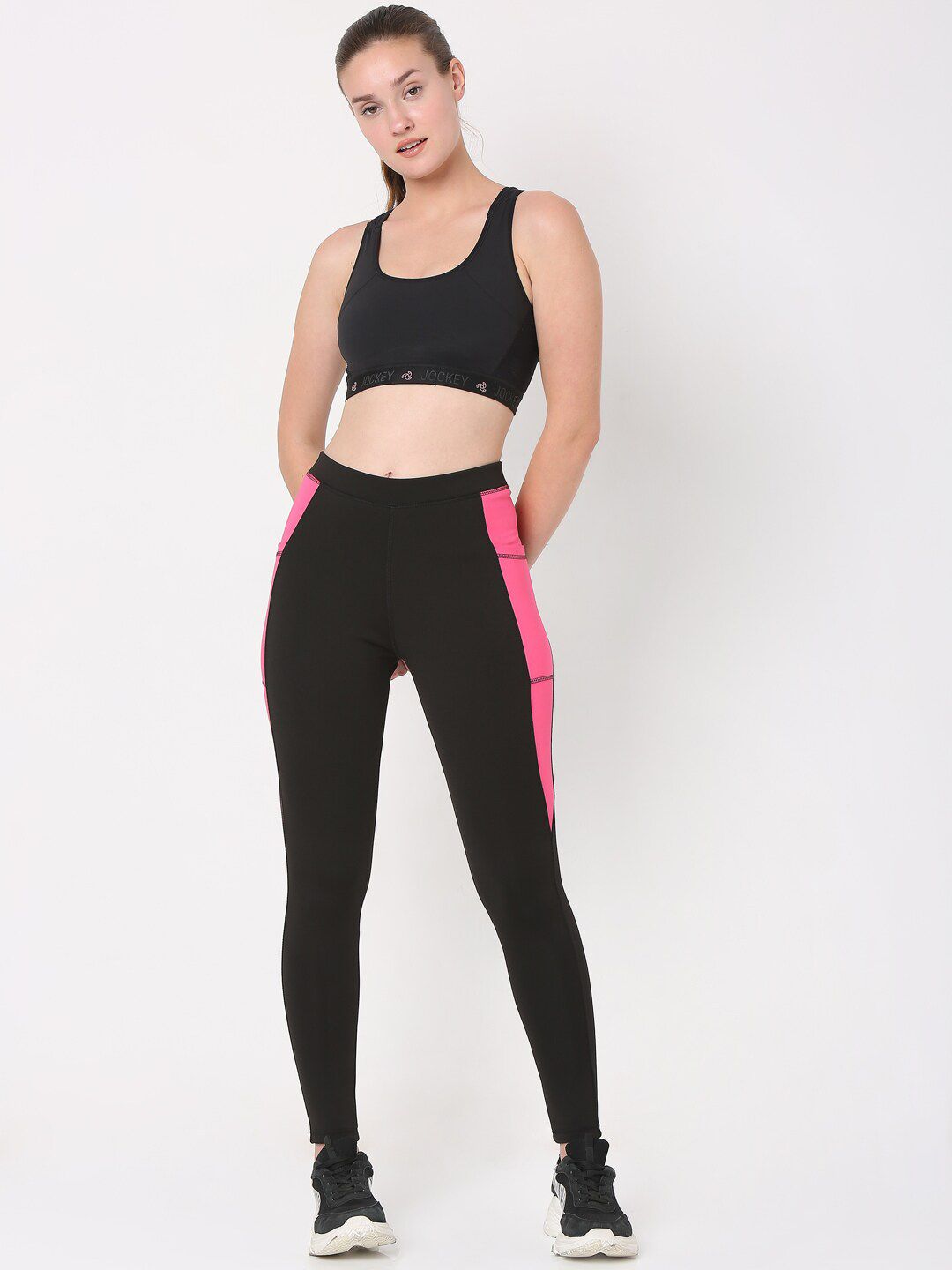 Smarty Pants Women Black & Pink Colourblocked Gym Tights Price in India