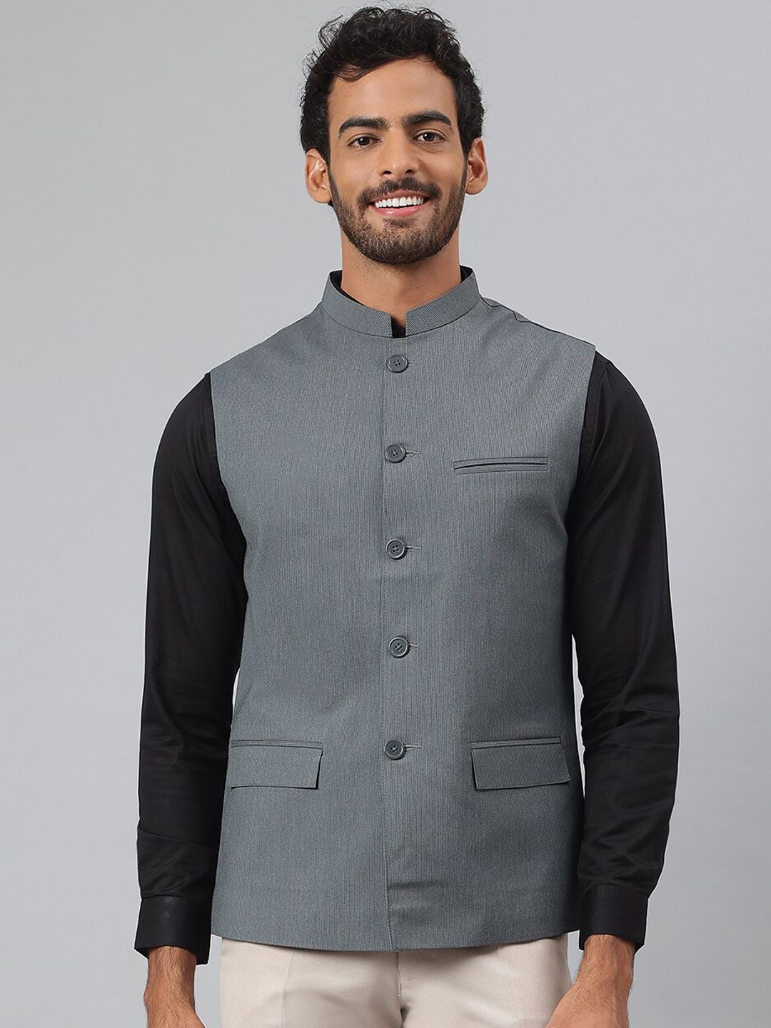 MR BUTTON Men Grey Striped Woven Nehru Jacket