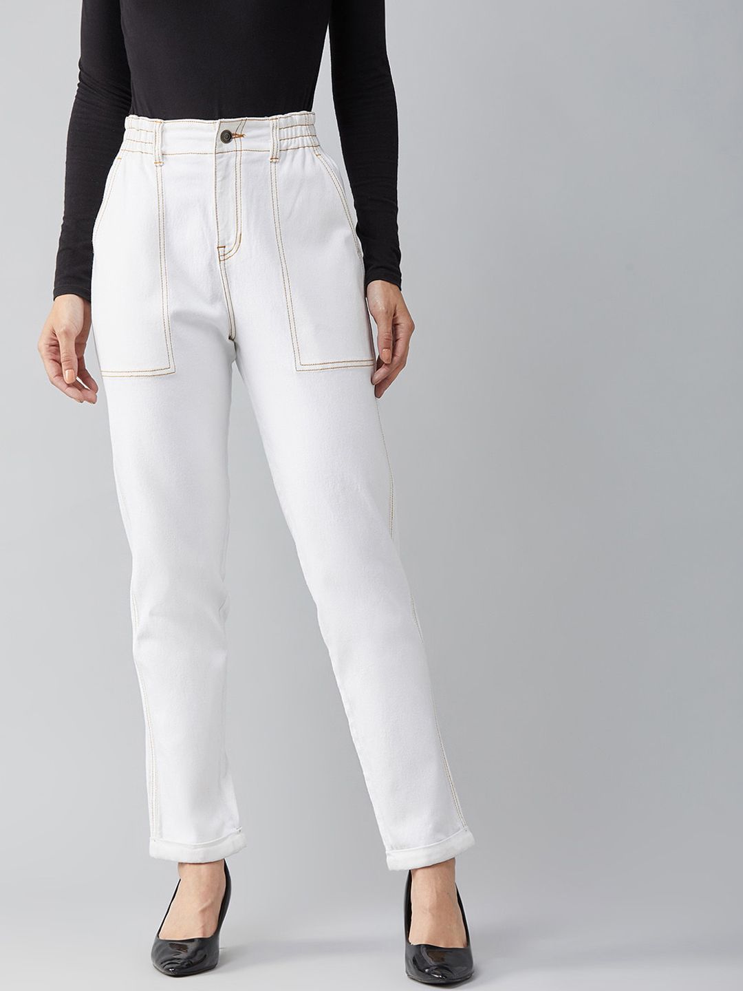 DOLCE CRUDO Women White High-Rise Low Distress Stretchable Mom Fit Jeans Price in India