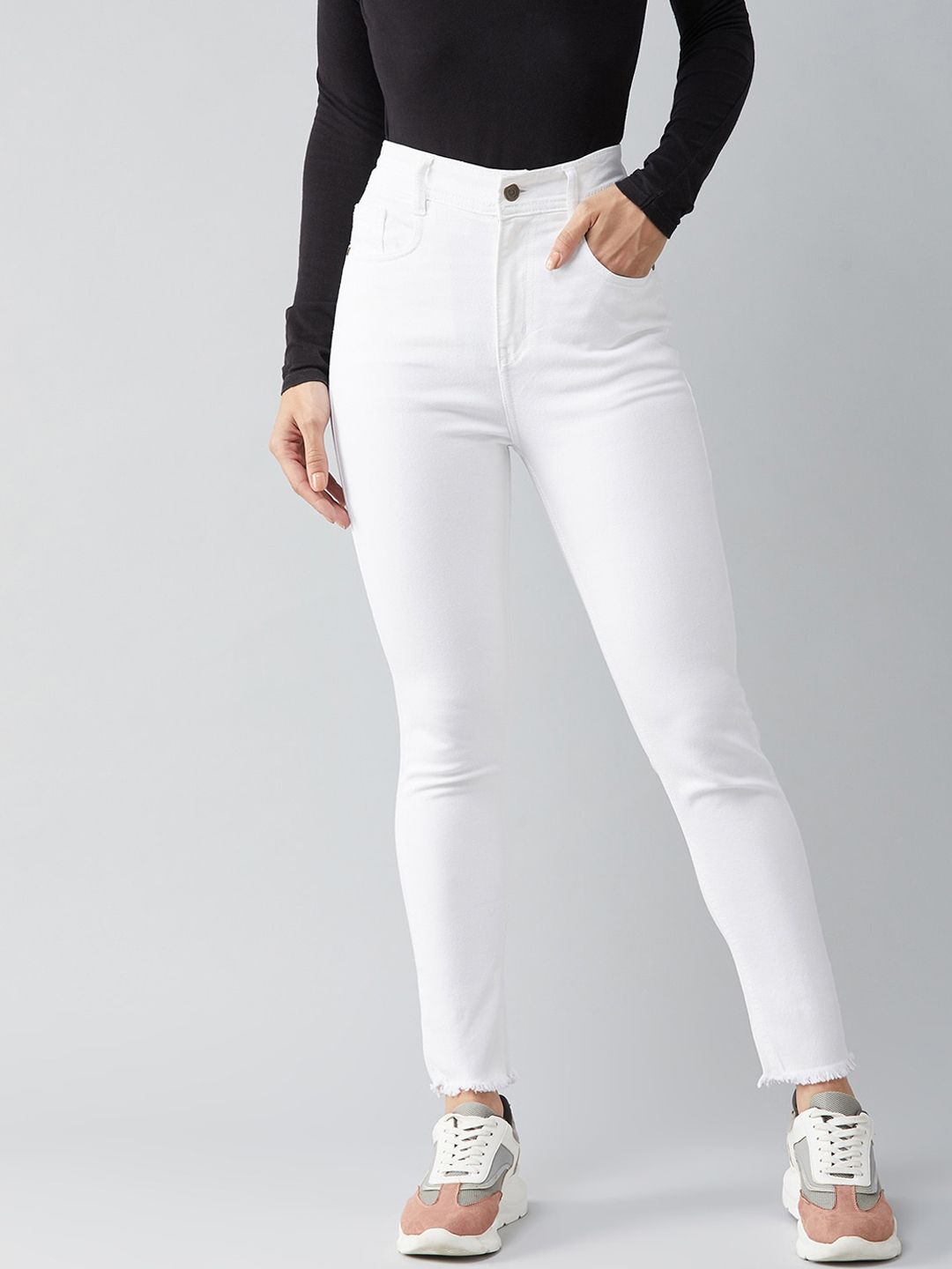 DOLCE CRUDO Women White Skinny Fit High-Rise Stretchable Jeans Price in India