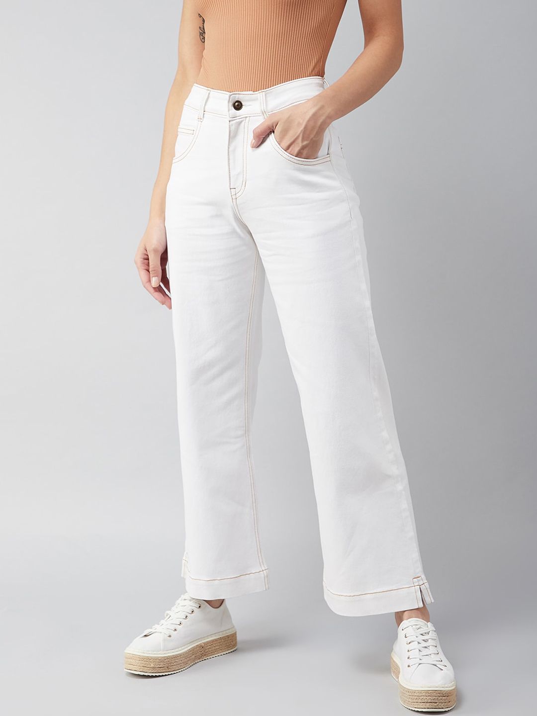 DOLCE CRUDO Women White Low Distress Stretchable Wide Leg Jeans Price in India