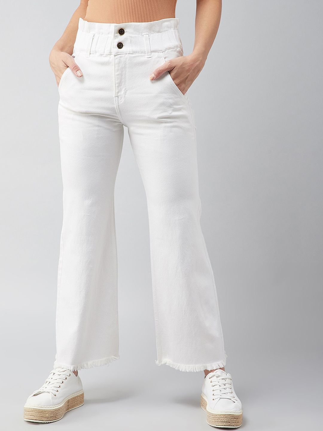 DOLCE CRUDO Women White Flared High-Rise Stretchable Jeans Price in India