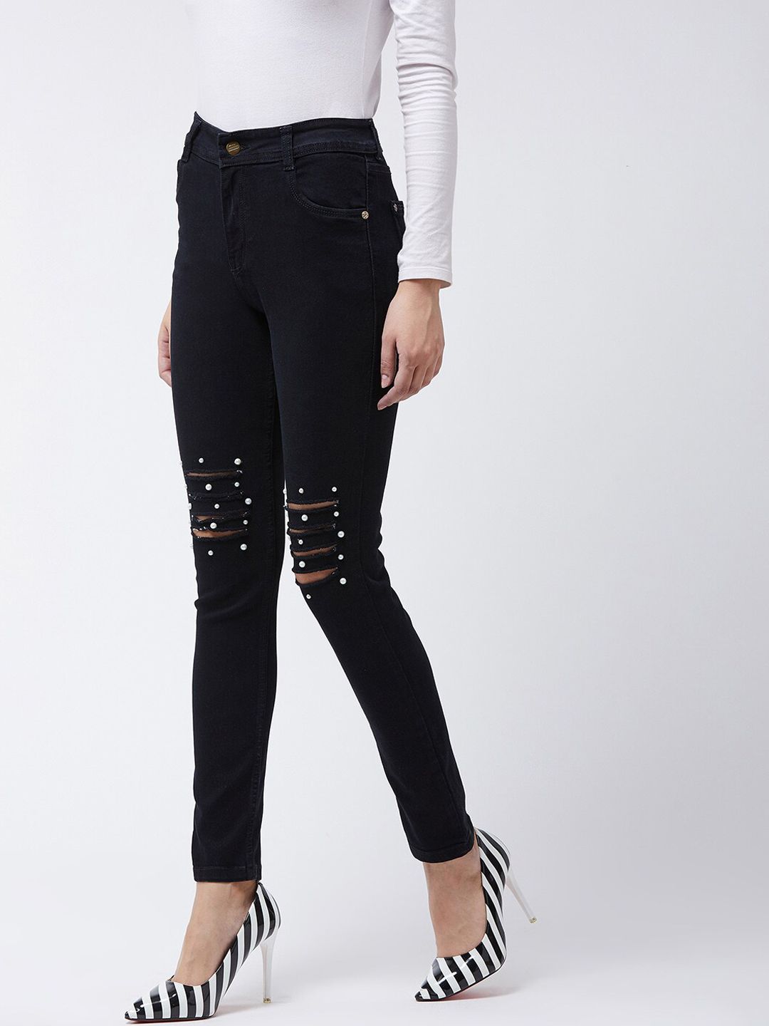 DOLCE CRUDO Women Black Slim Fit Slash Knee Stretchable Jeans Price in India