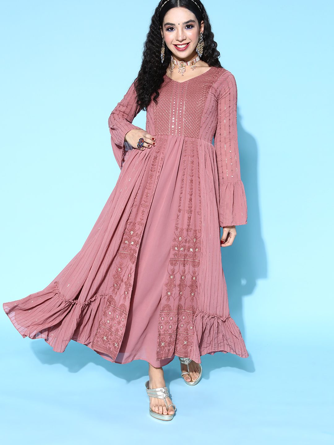 Kvsfab Women Rose Ethnic Motifs Ethereal Embroidery Dress Price in India