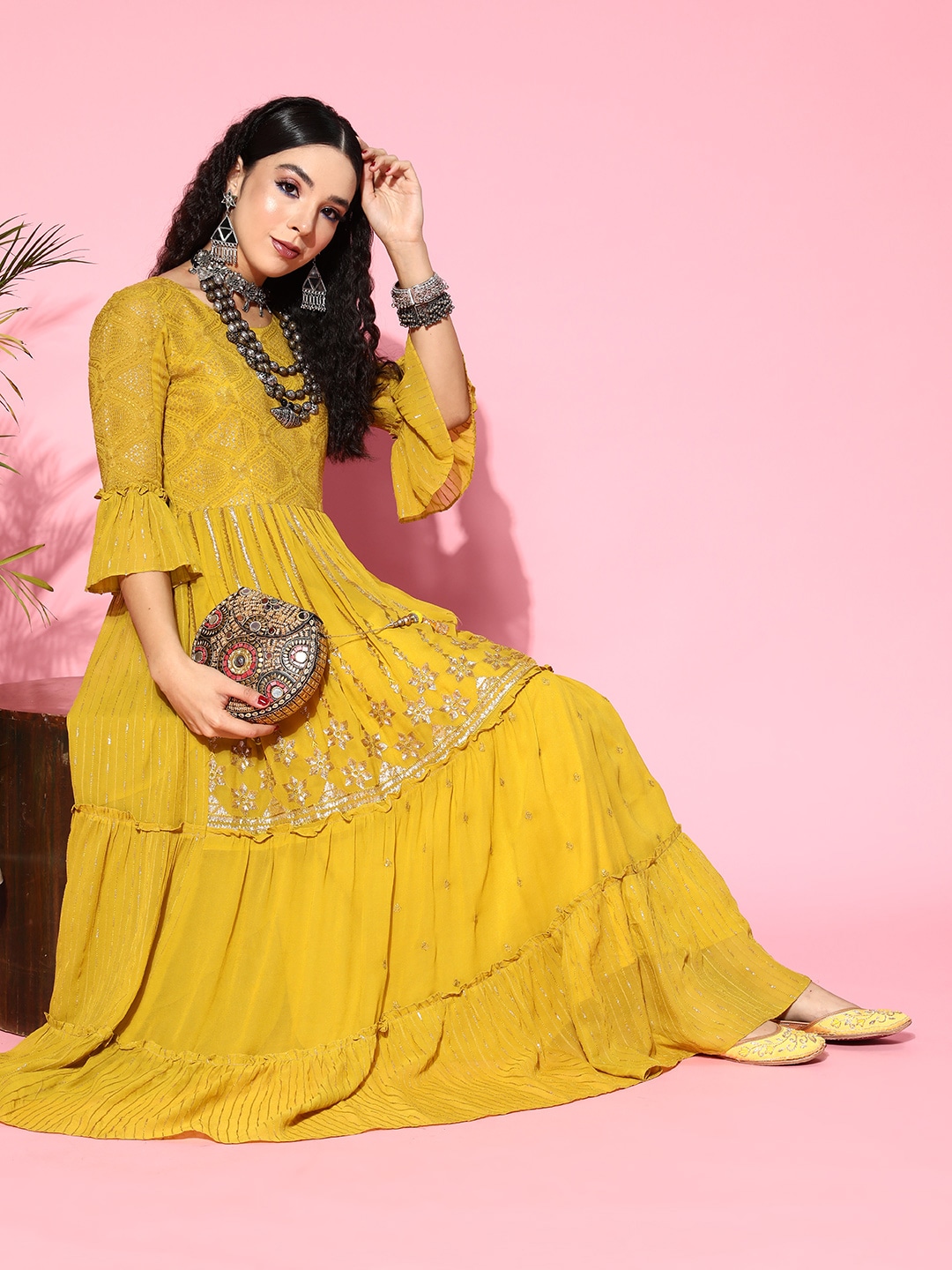 Kvsfab Women Lime Green Ethnic Motifs Gown for Days Price in India