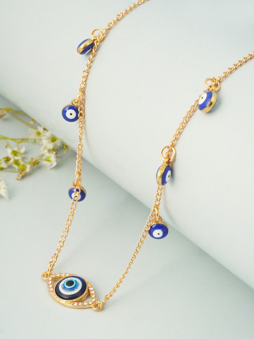 Ferosh Gold-Toned & Blue Evil Eye Charm Beads Necklace Price in India