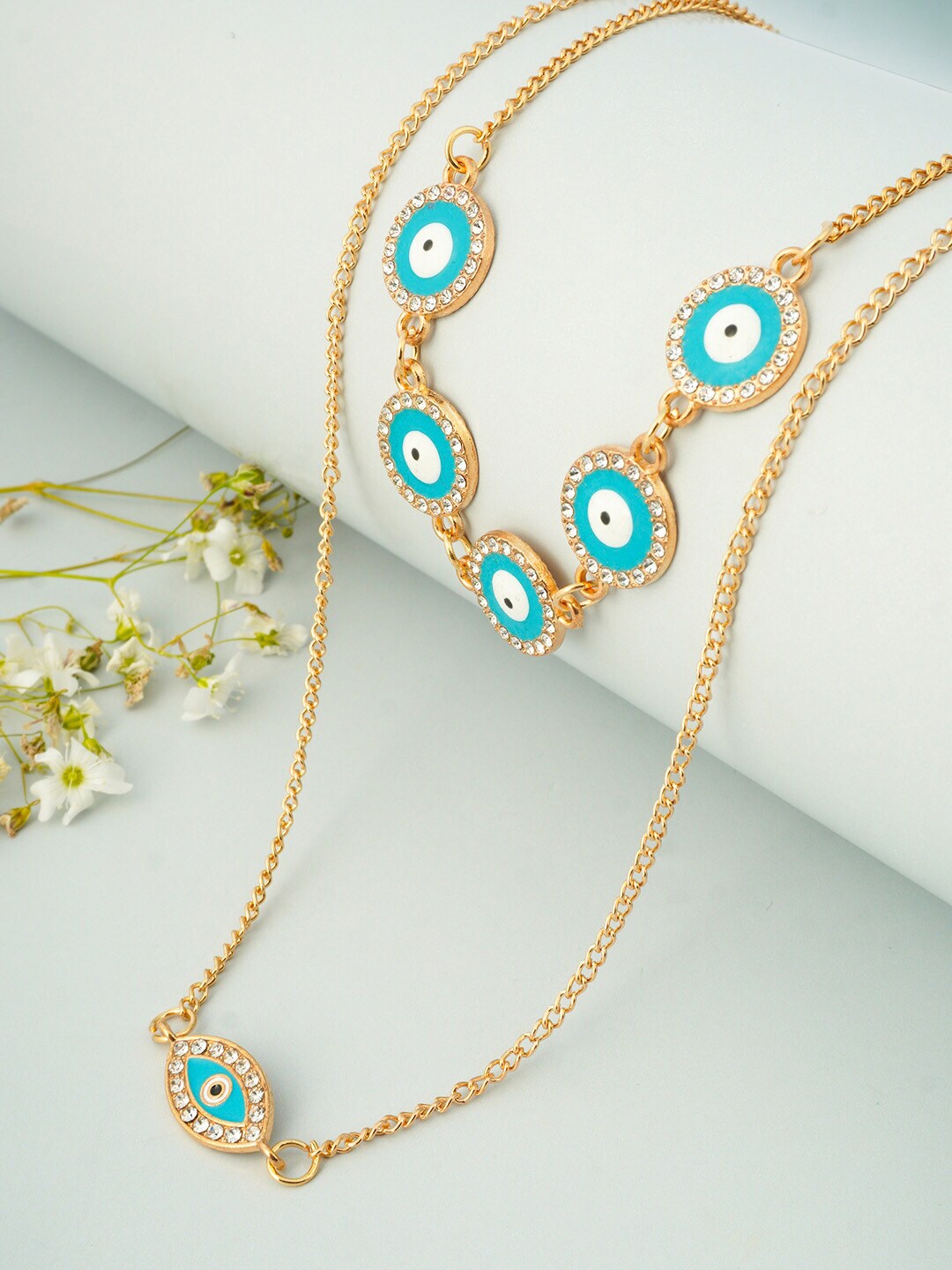 Ferosh Gold-Toned & Blue Evil Eye Layered Necklace Price in India