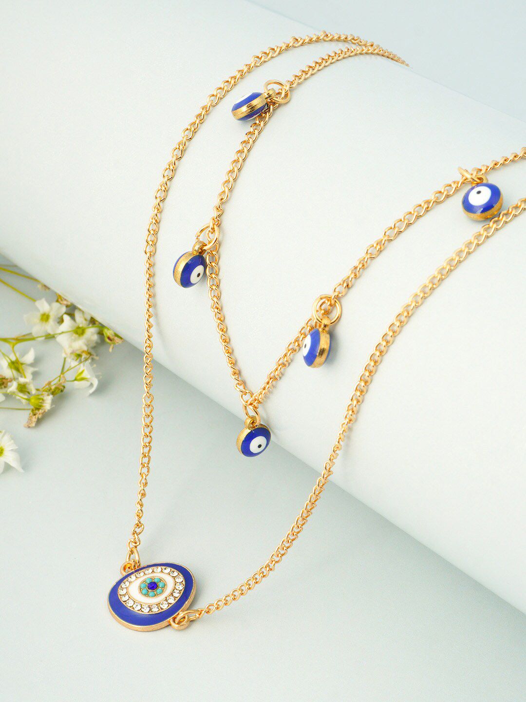 Ferosh Gold-Toned & Blue Evil Eye Symbol & Charm Layered Necklace Price in India