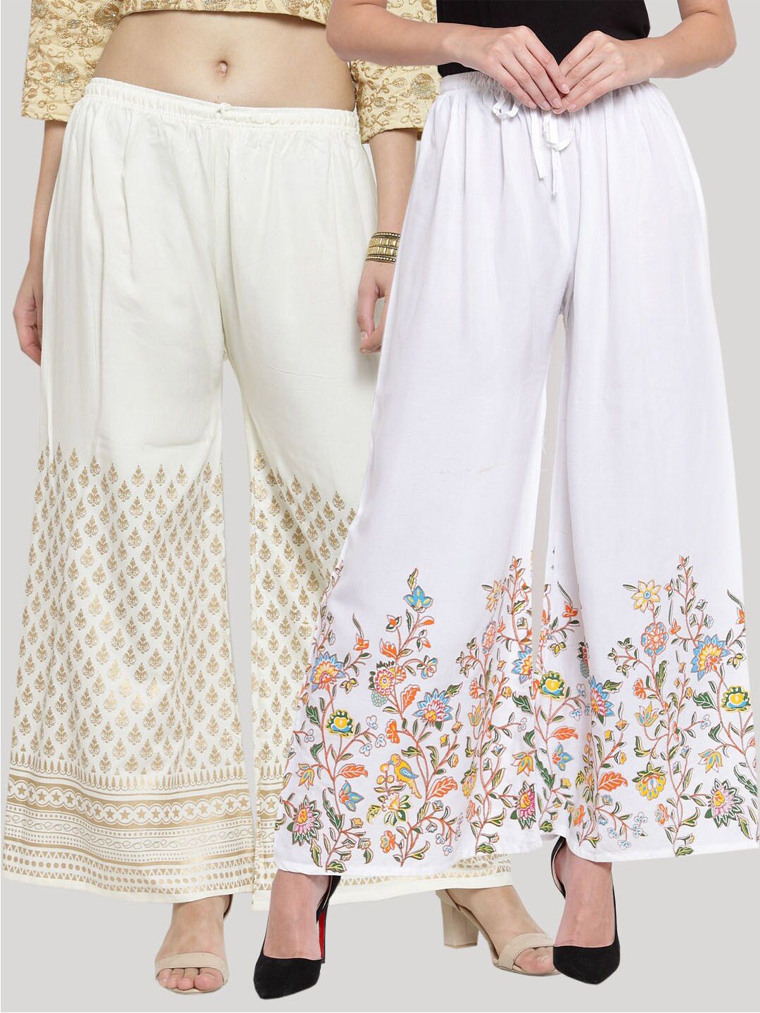 Clora Creation Women White & Cream-Coloured 2 Floral Printed Ethnic Palazzos Price in India