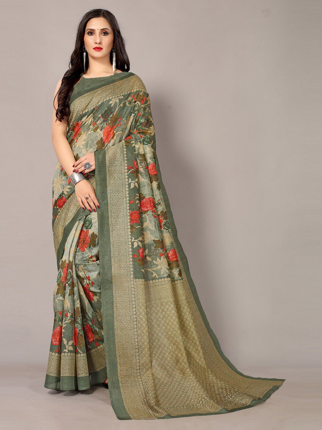 HRITIKA Olive Green & Red Floral Zari Art Silk Mysore Silk Saree Price in India