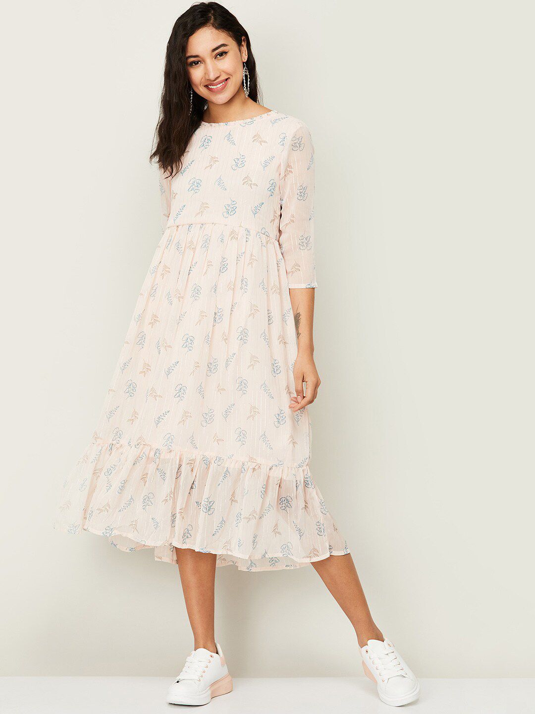 Colour Me by Melange Peach-Coloured & Blue Floral Midi Dress Price in India