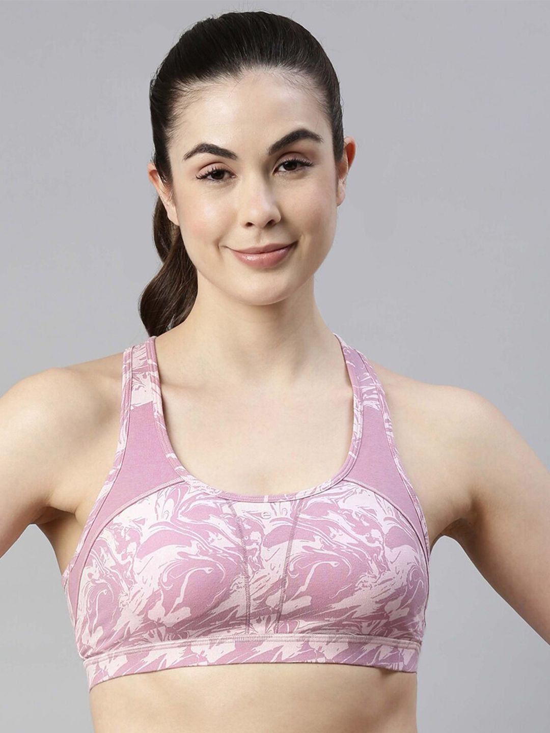 Enamor Pink & White Abstract Sports Bra Padded Full Coverage Racer Back Medium Impact Price in India