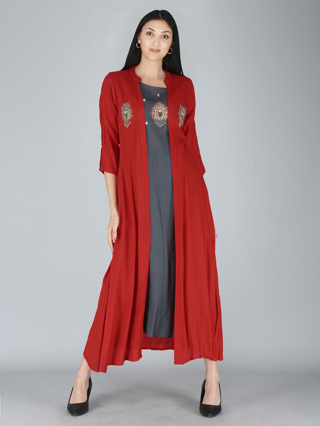 KALINI Maroon & Grey Embellished A-Line Midi Dress & Shrug Price in India