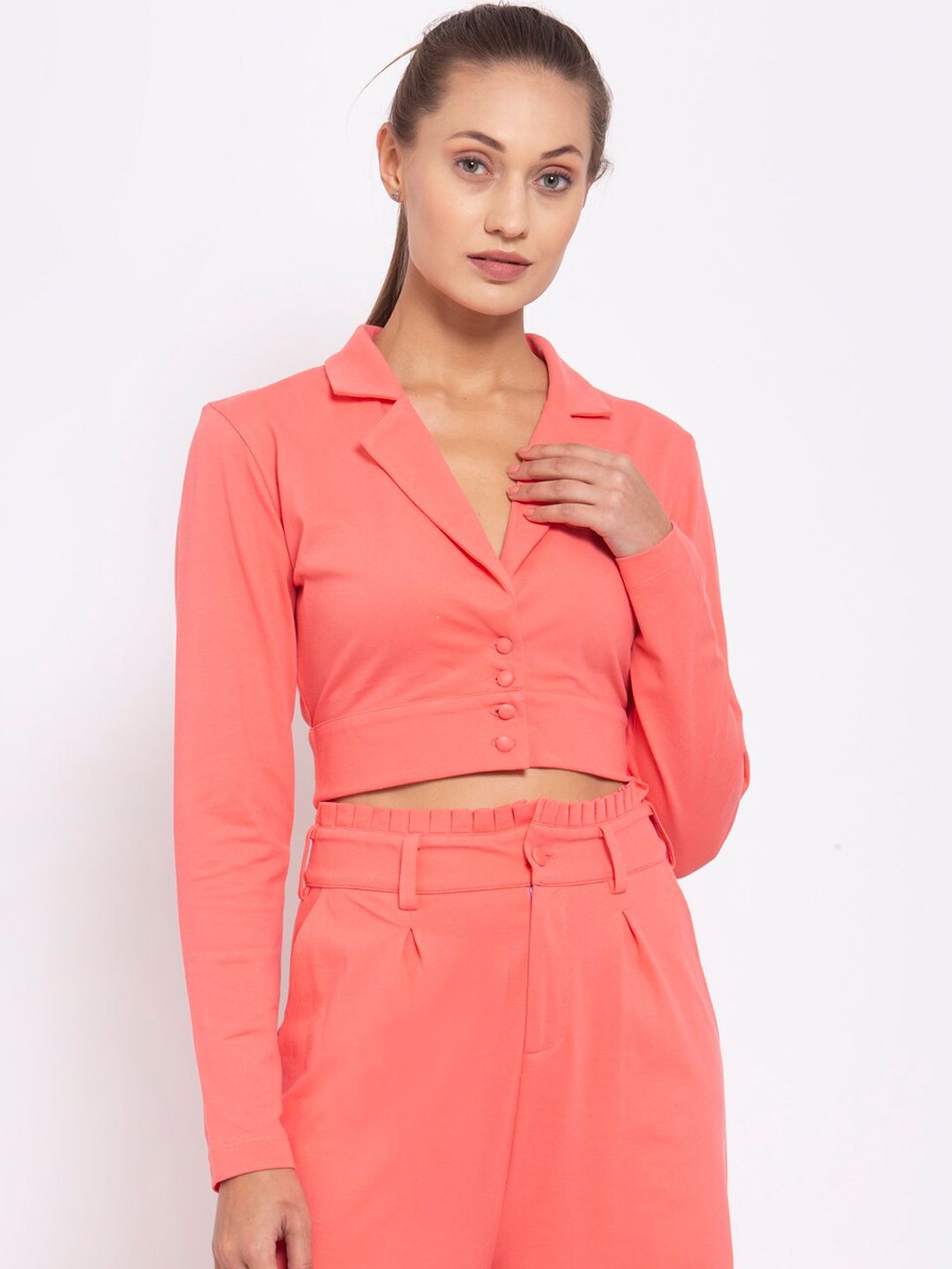 YOONOY Women Peach-Coloured Solid Pure Cotton Single-Breasted Blazer Price in India