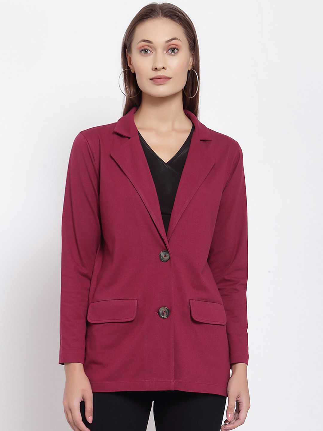 YOONOY Women Maroon Solid Pure Cotton Single-Breasted Casual Blazer Price in India