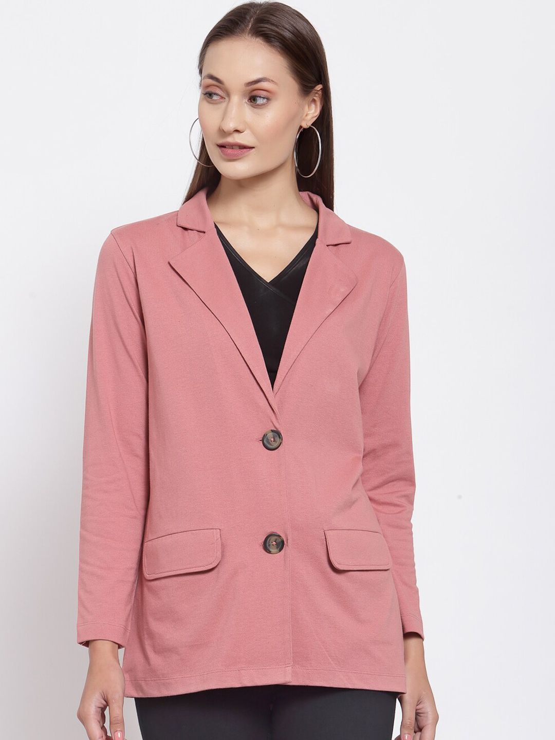 YOONOY Women Pink Solid Single Breasted Pure Cotton Casual Blazer Price in India