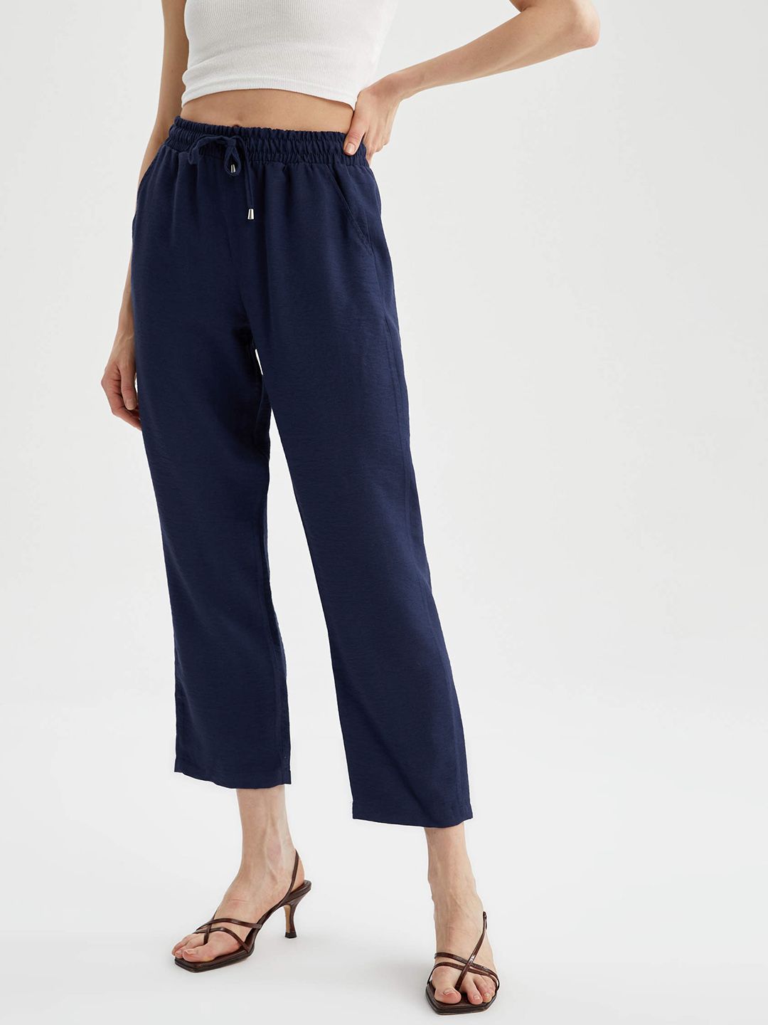 DeFacto Women Navy Blue Solid Pleated Trousers Price in India