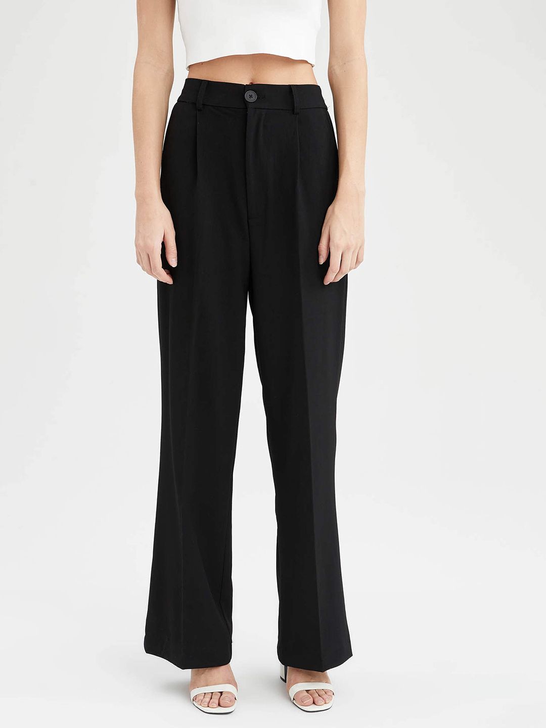 DeFacto Women Black Solid Flared Pleated Trousers Price in India