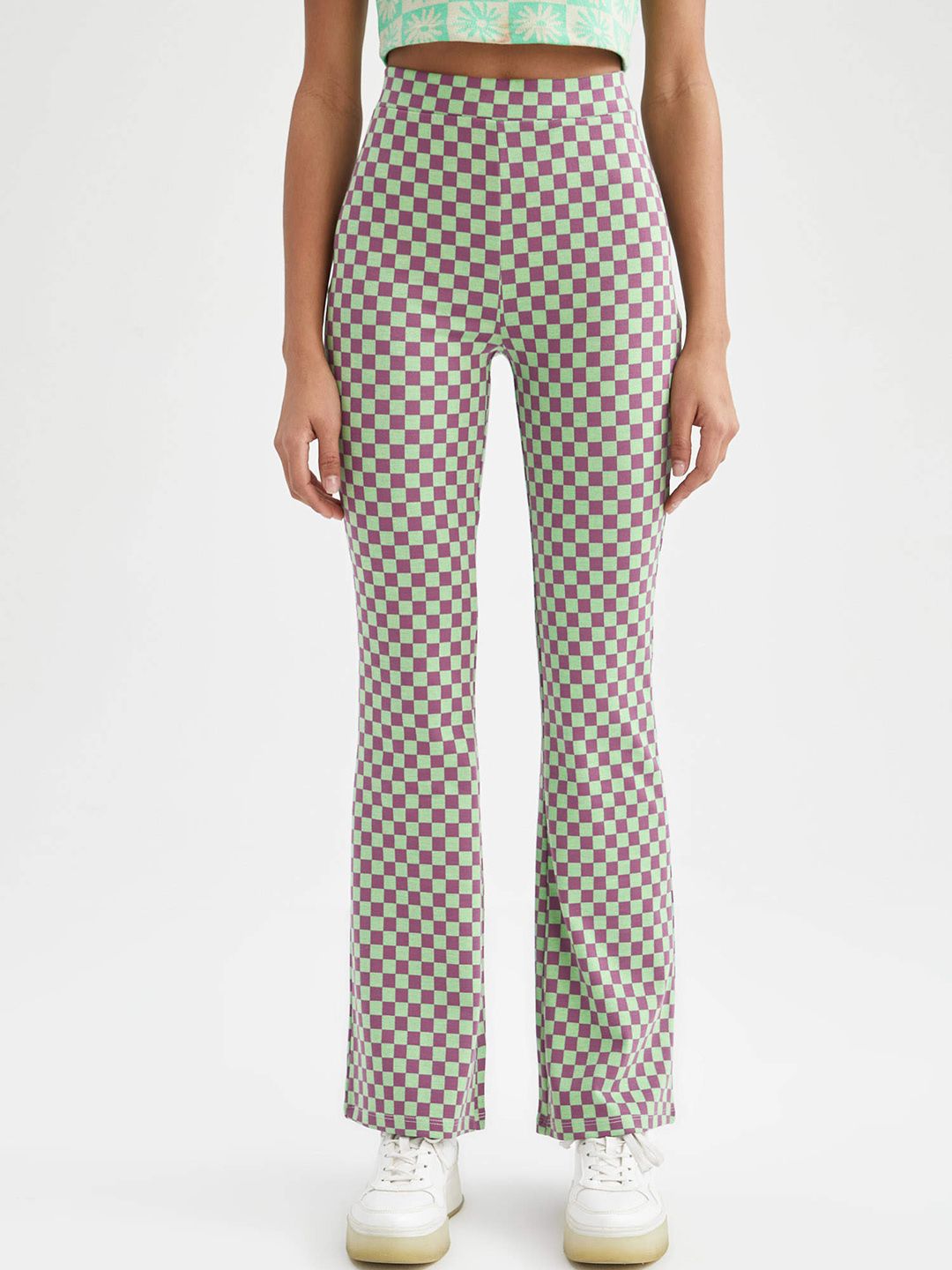 DeFacto Women Mint Green & Purple Checked High Rise Trousers Price in India