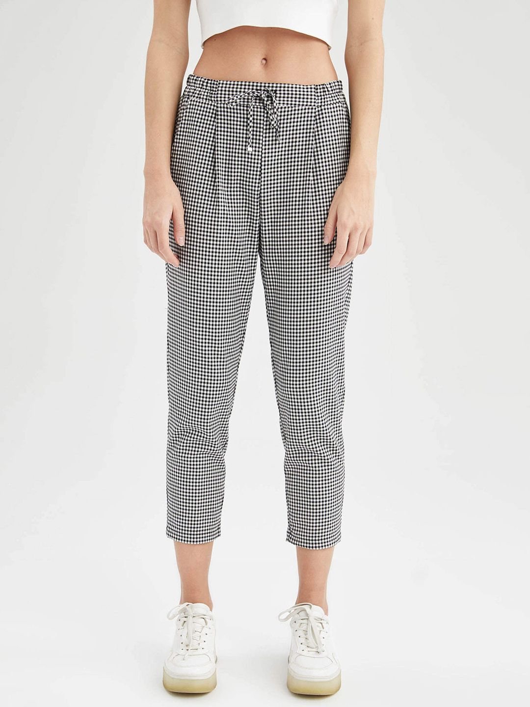 DeFacto Women Black & White Checked Trousers Price in India