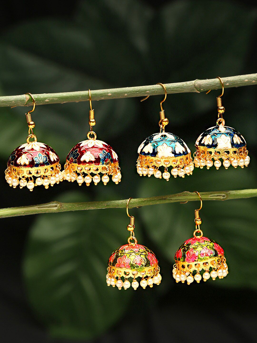 Yellow Chimes Set Of 3 Pair Gold-Plated Meenakari Jhumka Earrings Price in India