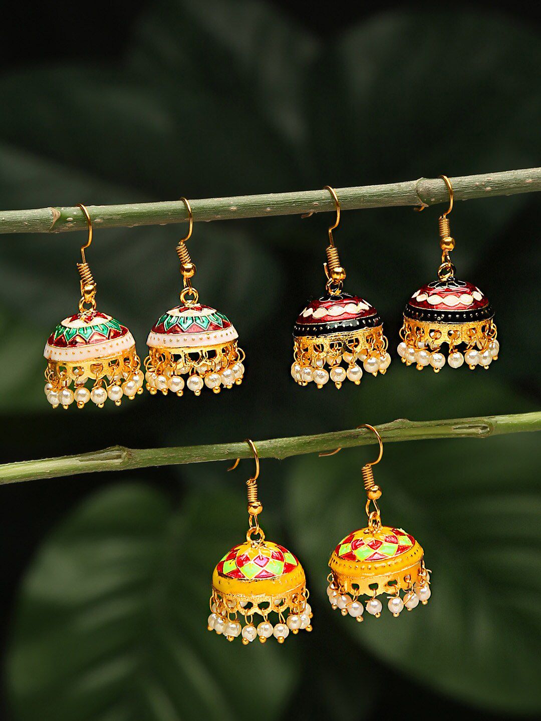 Yellow Chimes Set Of 3 Pair Gold-Plated Meenakari Jhumkas Price in India