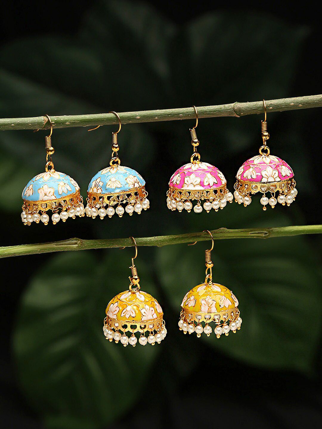 Yellow Chimes Set Of 3 Pair Gold-Plated Meenakari Jhumka Earrings Price in India