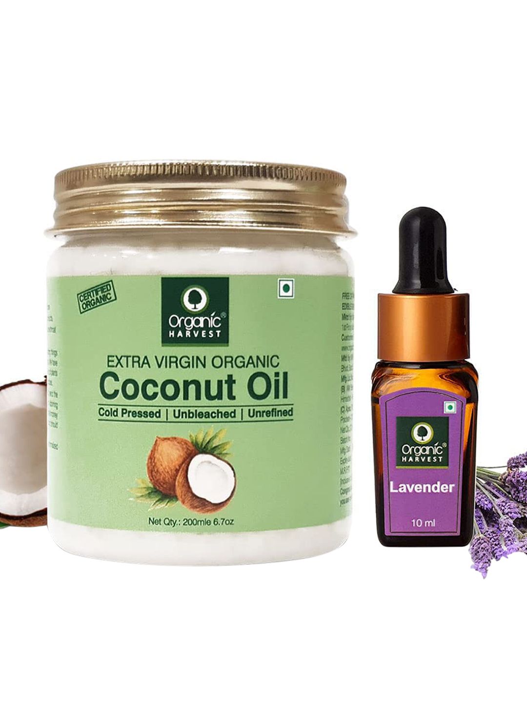 Organic Harvest Set of 100% Cold Pressed Coconut Oil 200ml & Lavender Essential Oil 10ml Price in India