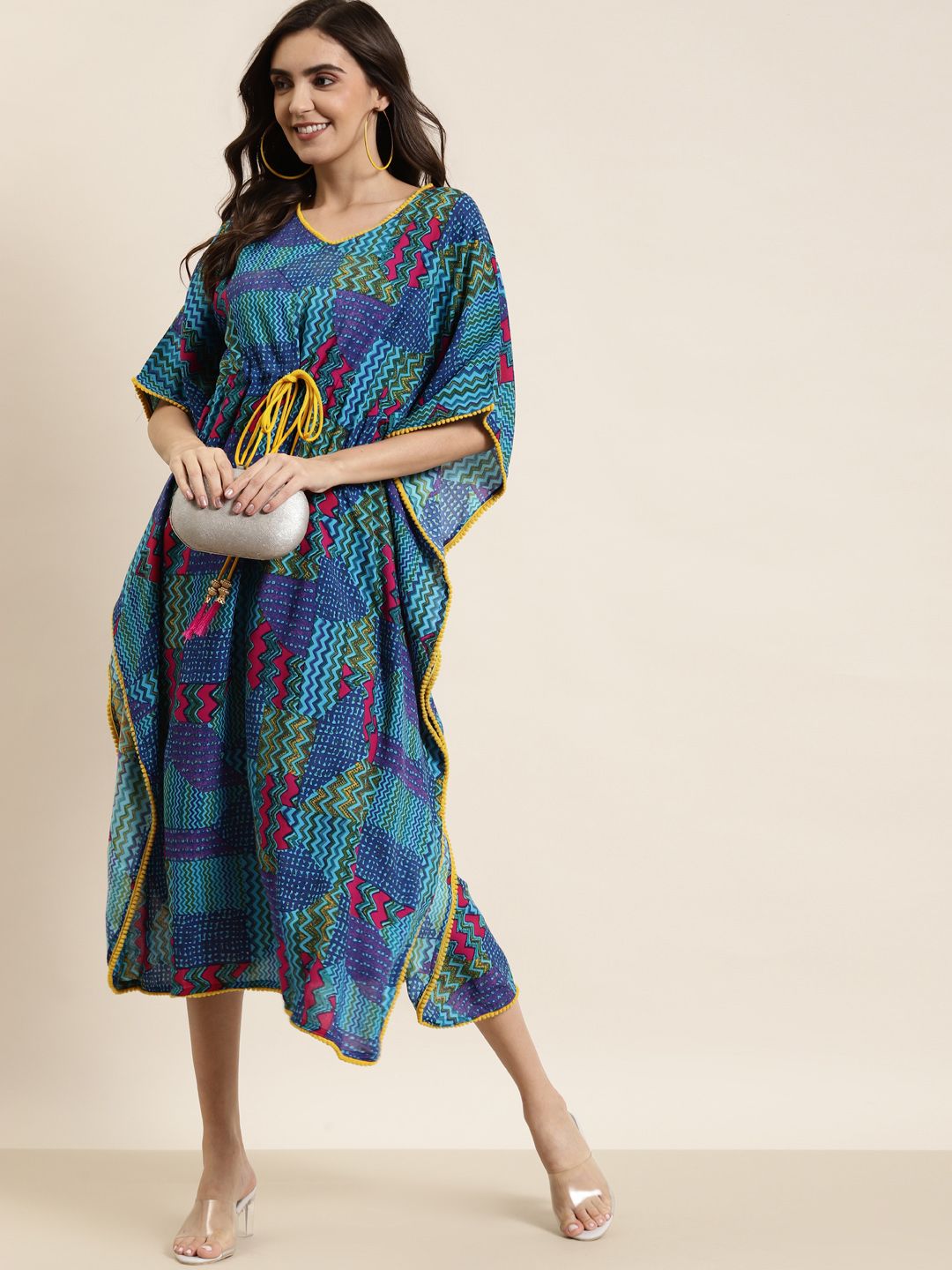 YASH GALLERY Blue & Green Printed Kaftan Midi Dress Price in India