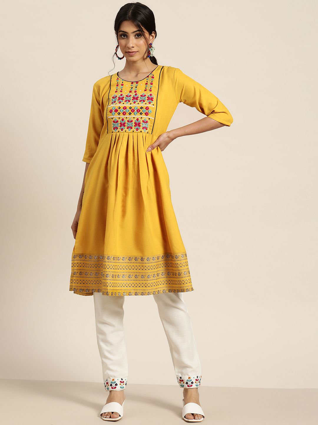 Sangria Women Mustard Yellow Ethnic Motifs Embroidered Kurta with Trousers Price in India