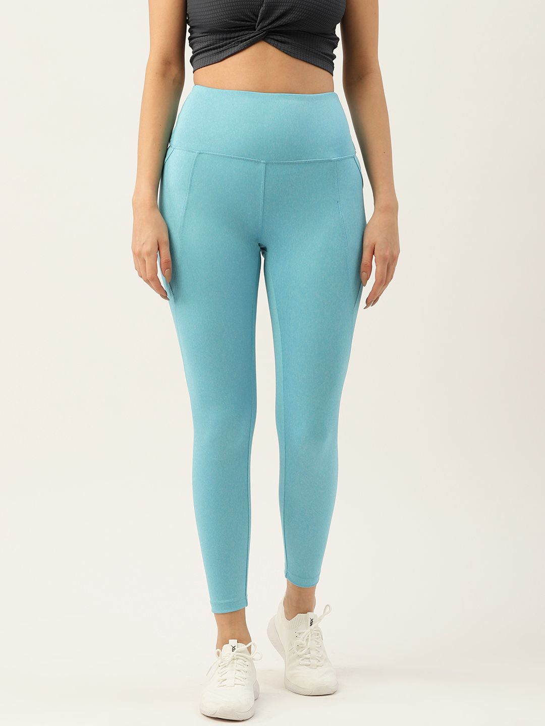 KICA Women Blue High Waisted Leggings with Pockets in Melange Fabric Mid Compression Price in India