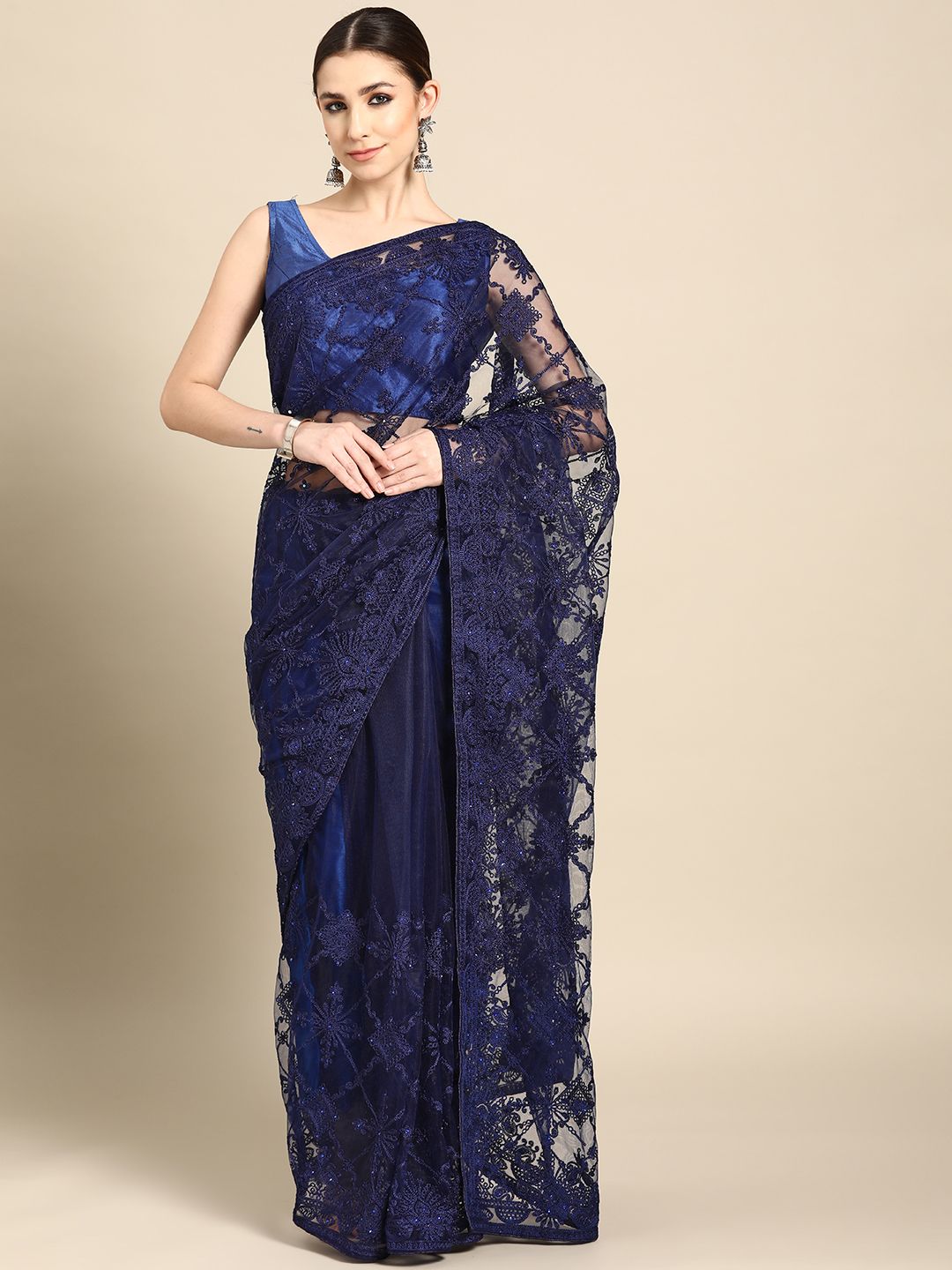 all about you Navy Blue Ethnic Motifs Net Bagh Saree Price in India