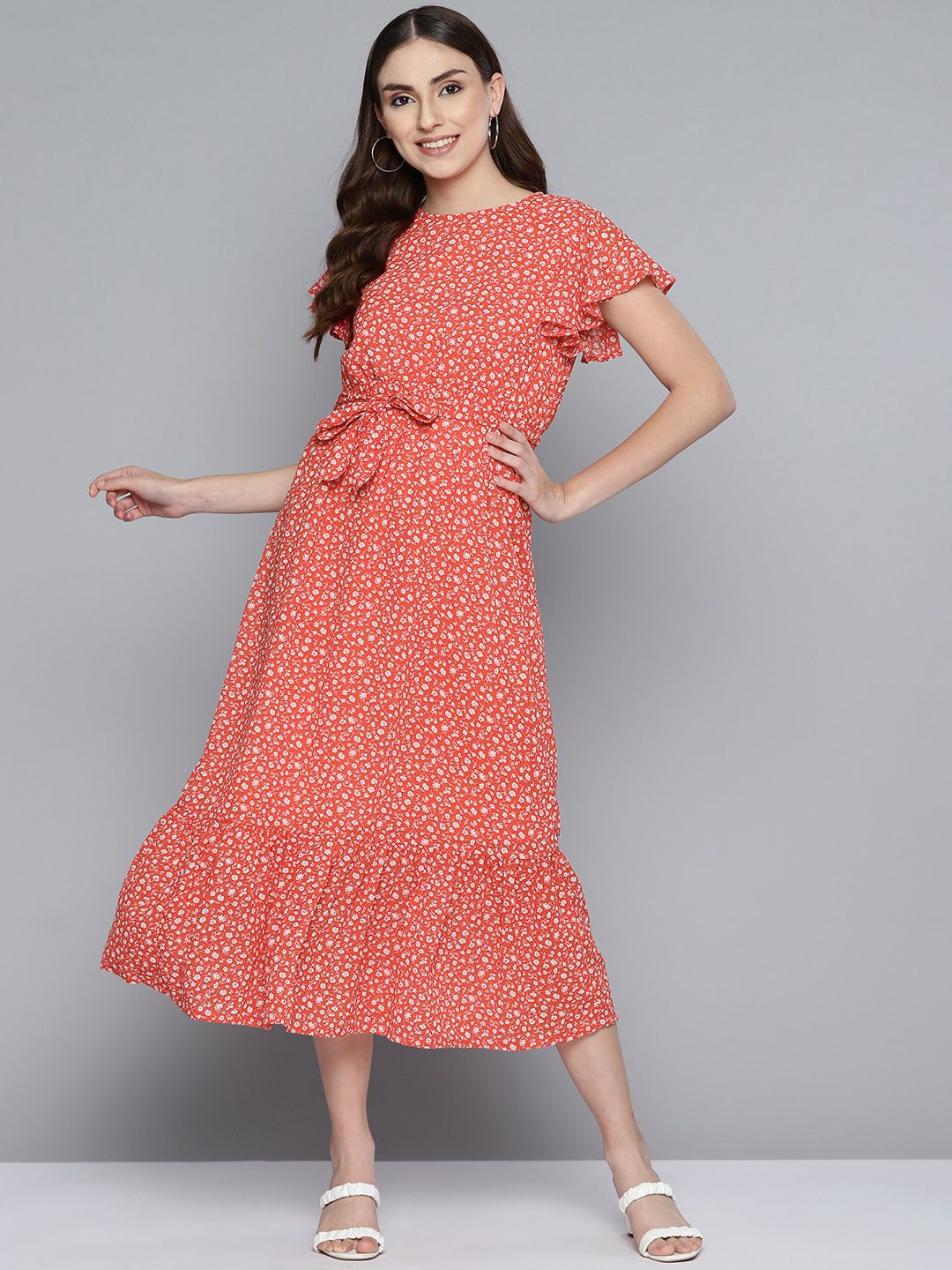 HERE&NOW Peach-Coloured & White Ditsy Floral A-Line Midi Dress Price in India
