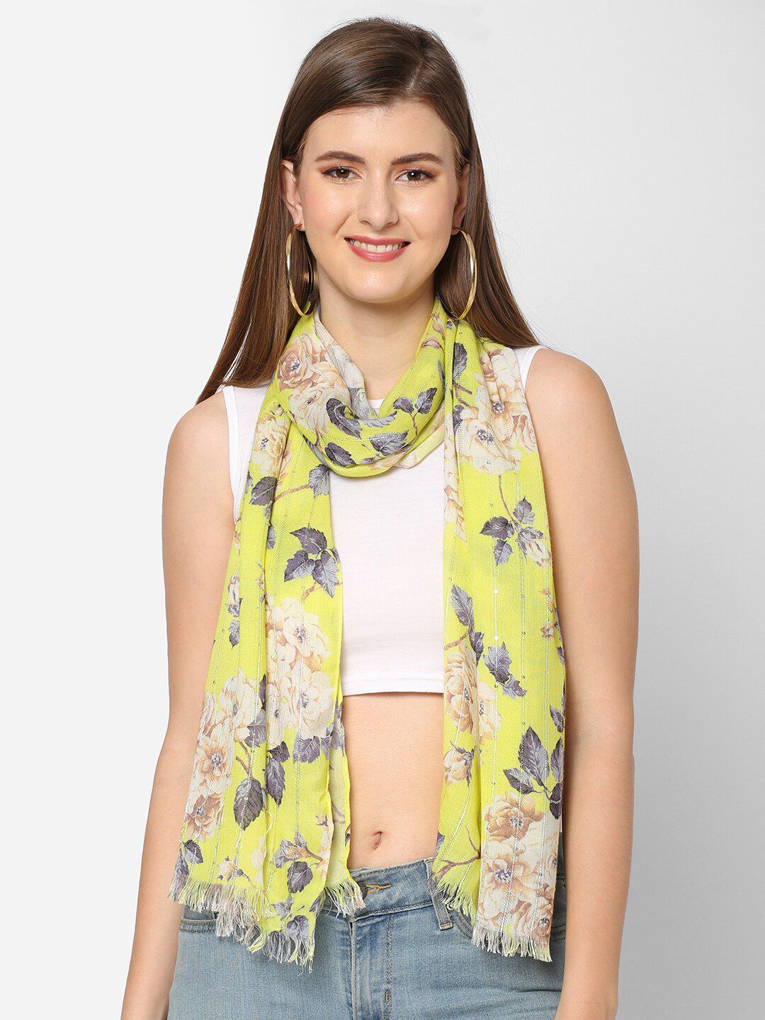 Cloth Haus India Women Yellow & Cream-Coloured Sequins Floral Printed Scarf Price in India