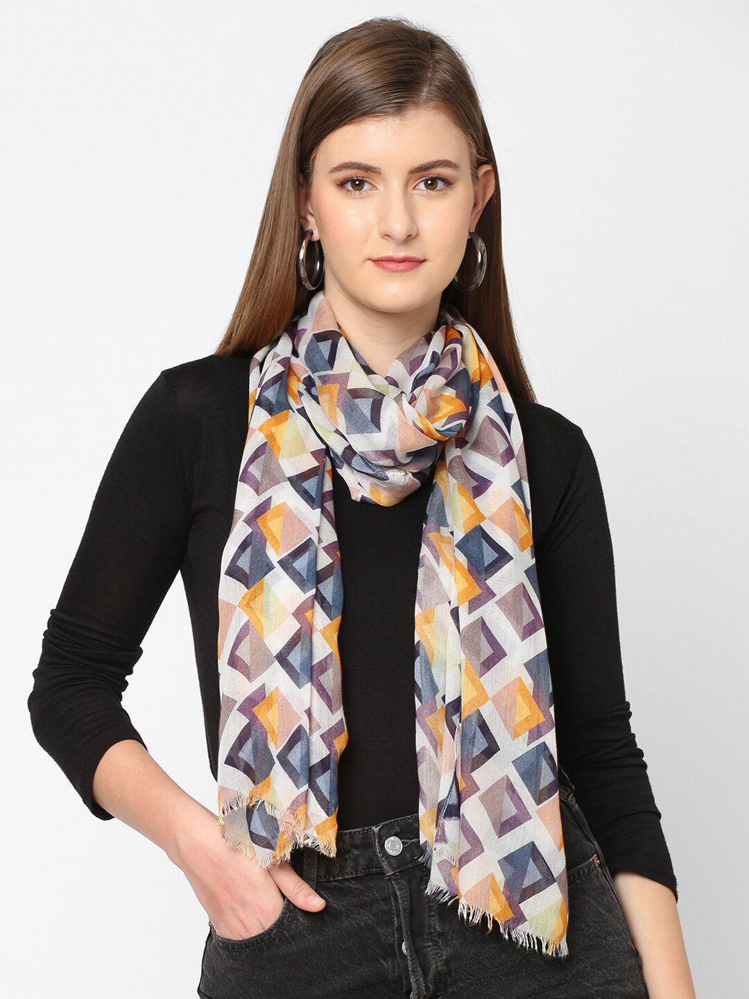 Cloth Haus India Women White & Mustard Printed Scarf Price in India