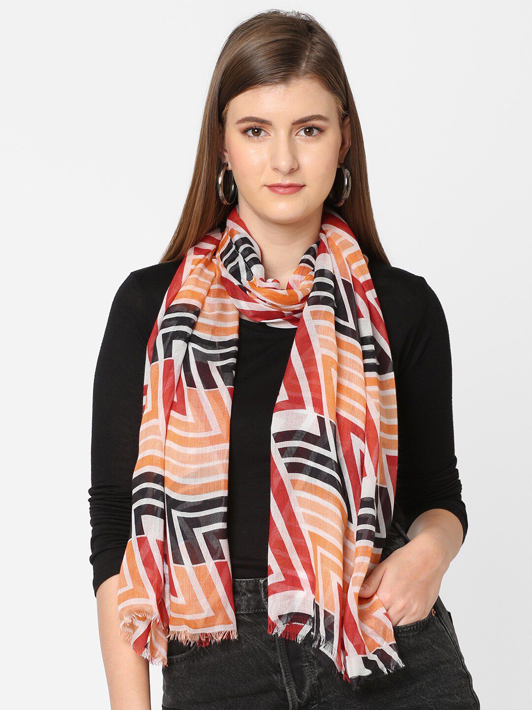 Cloth Haus India Women White & Orange Geometric Printed Scarf Price in India