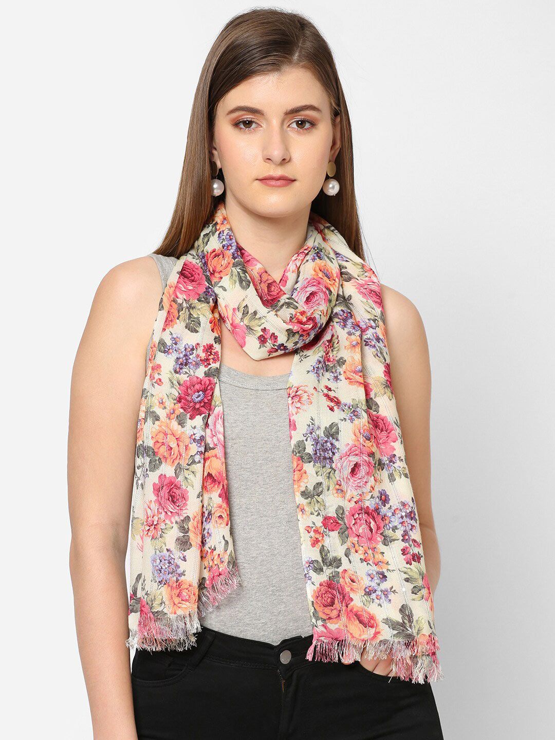 Cloth Haus India Women Cream-Coloured & Pink Printed Scarf Price in India