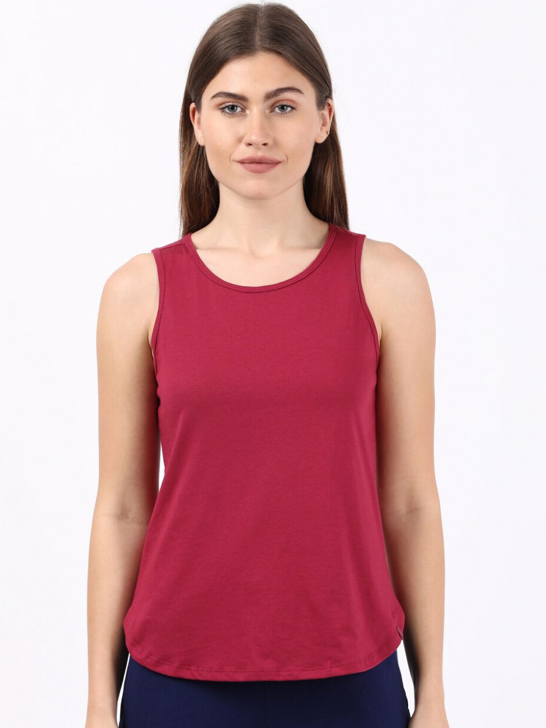 Jockey Women Red Solid Pure Cotton Relaxed-Fit Lounge T-shirt Price in India