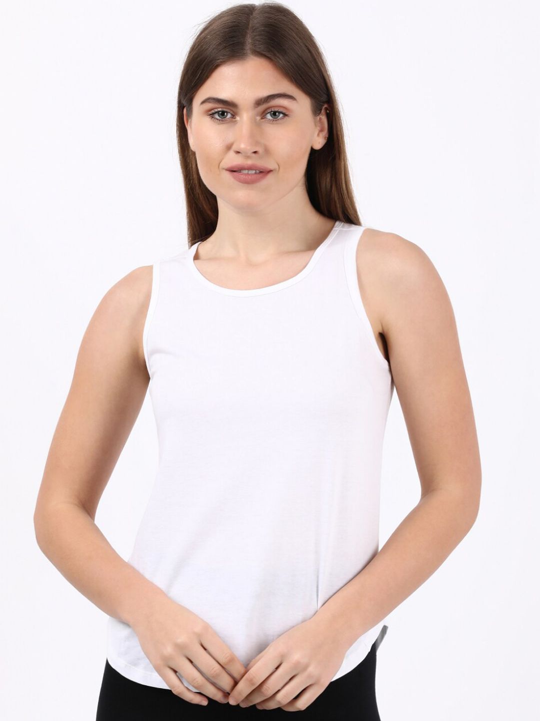 Jockey Plus Size Women White Solid Cotton Relaxed Fit Tank Top Price in India