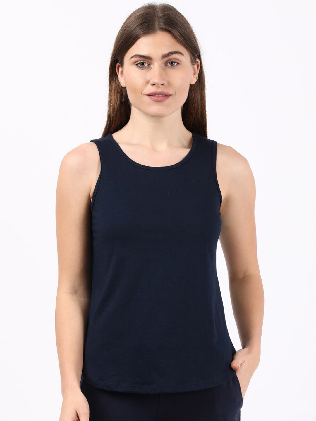 Jockey Women Navy Blue Solid Pure Cotton Relaxed-Fit Lounge T-shirt Price in India