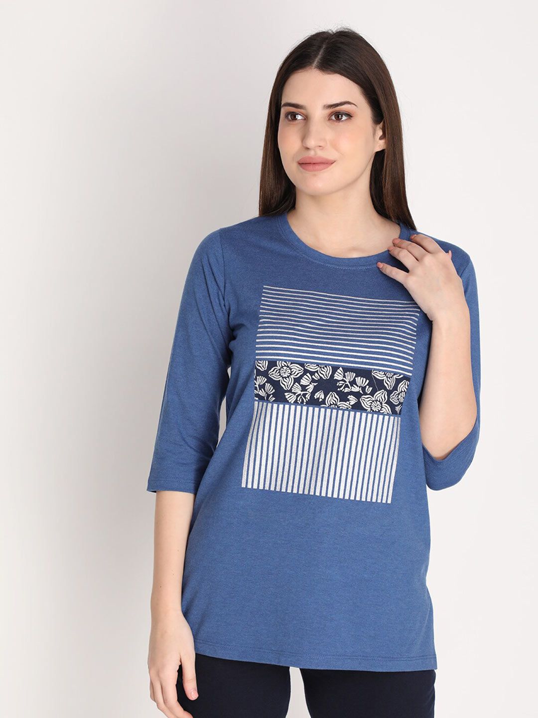 NEVA Women Blue Printed Cotton Lounge T-shirt Price in India