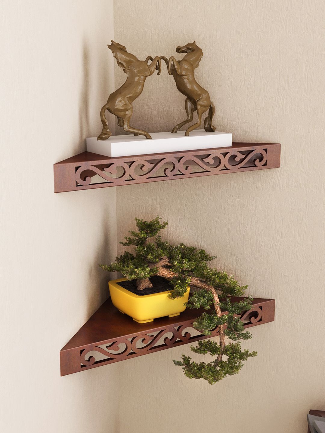 Home Sparkle Brown Set of 2 Corner Wall Shelves Price in India